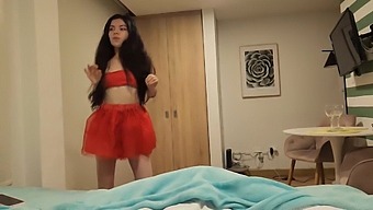 Stunning Brunette In Red Skirt Seeks Christmas Present Of Passionate Sex